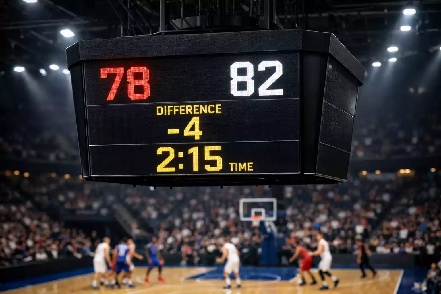 Tabellone segnapunti con margine di vittoria in una partita di basket