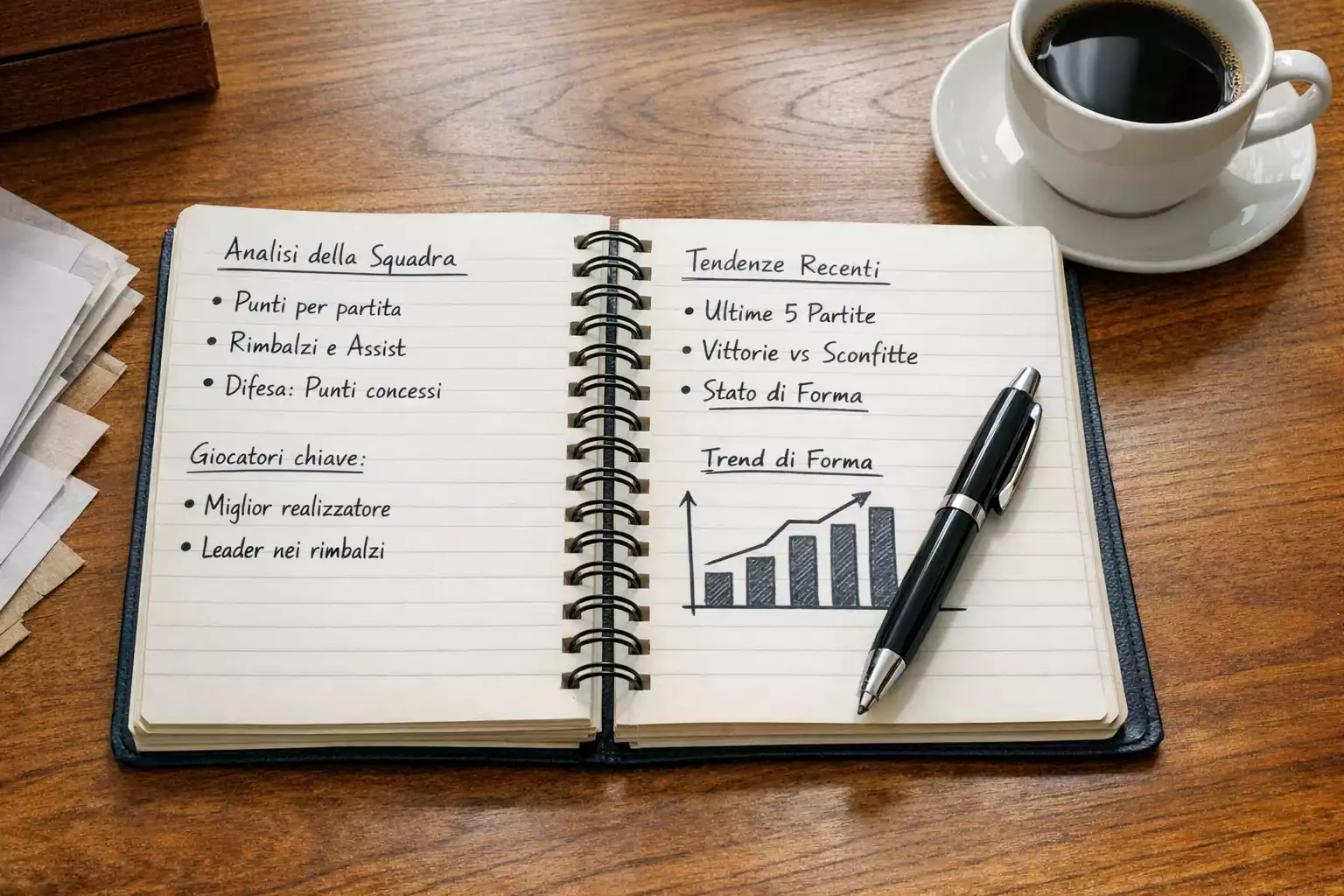 Blocco note con appunti e statistiche per analisi partite di basket