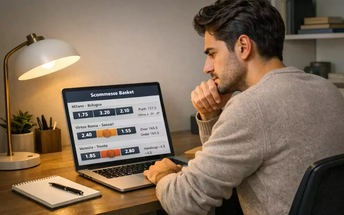Persona che confronta quote di scommesse basket sul laptop