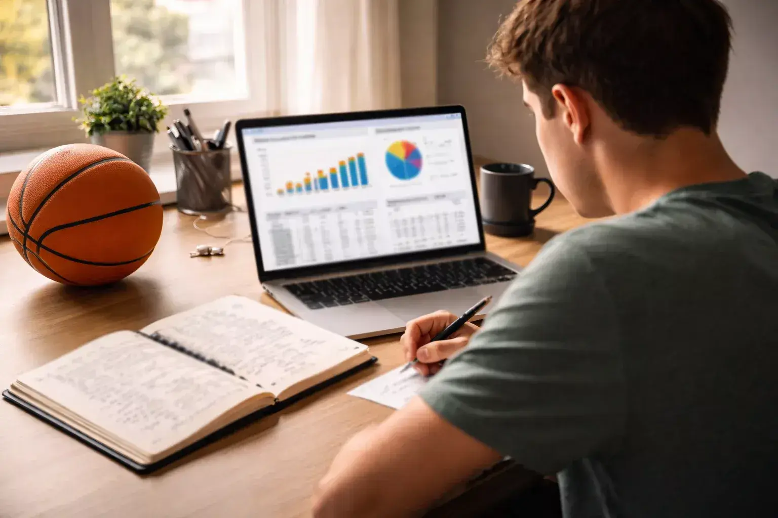 Persona che studia statistiche di basket con un quaderno e un laptop sul tavolo