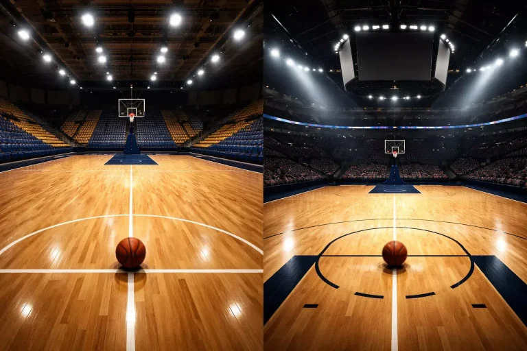 Campo da basket diviso a metà tra un parquet europeo e uno NBA con pallone al centro
