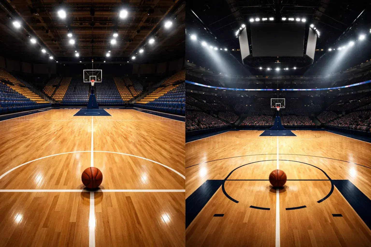 Campo da basket diviso a metà tra un parquet europeo e uno NBA con pallone al centro