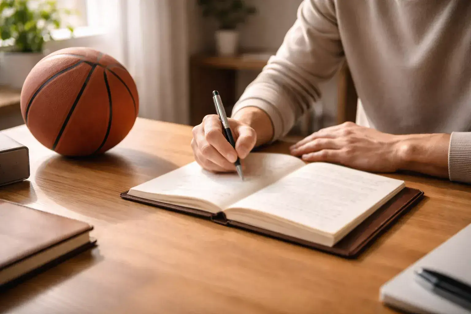 Persona seduta alla scrivania che pianifica il budget su un blocco di appunti con una penna accanto a un pallone da basket
