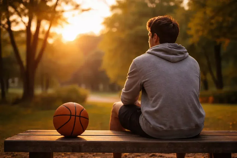 Persona che riflette seduta su una panchina con un pallone da basket accanto in una luce calda del tramonto