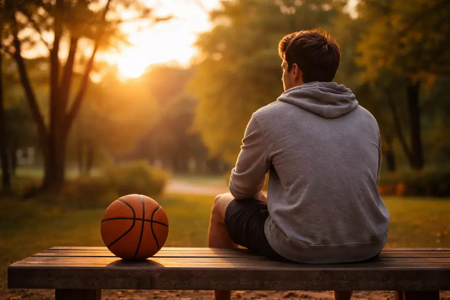 Persona che riflette seduta su una panchina con un pallone da basket accanto in una luce calda del tramonto