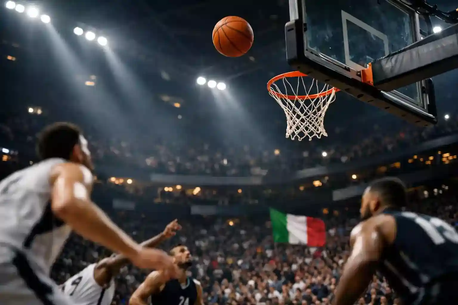 Arena di pallacanestro illuminata durante una partita professionale