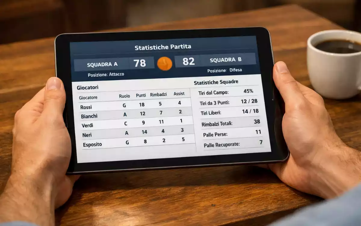 Persona che analizza statistiche di basket su tablet