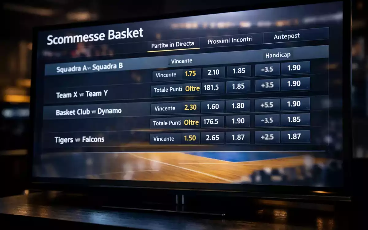Schermo con quote di scommesse sportive sul basket