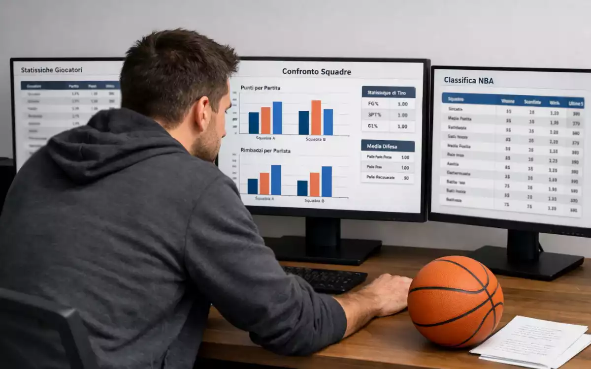Analista che studia statistiche NBA su monitor