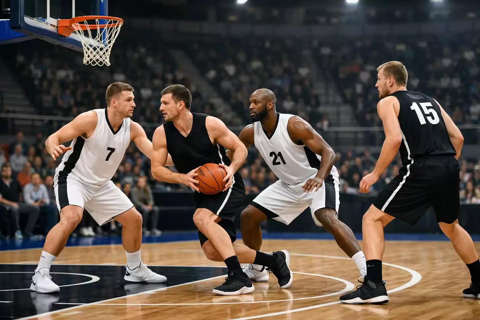 Giocatori europei di basket durante un match di Eurolega