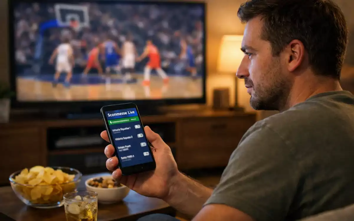 Scommettitore che segue partita di basket in diretta