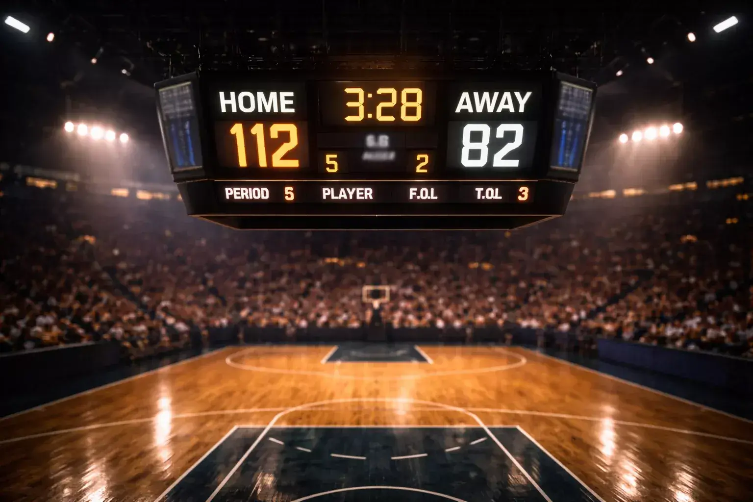 Tabellone di una partita di basket che mostra un ampio scarto di punteggio in un palazzetto illuminato