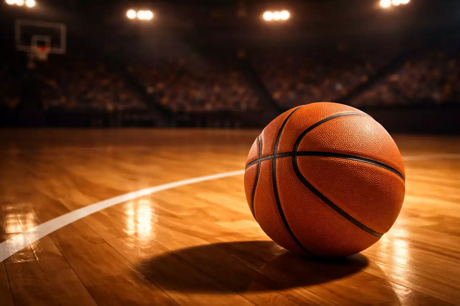 Pallone da basket arancione su parquet con linee del campo