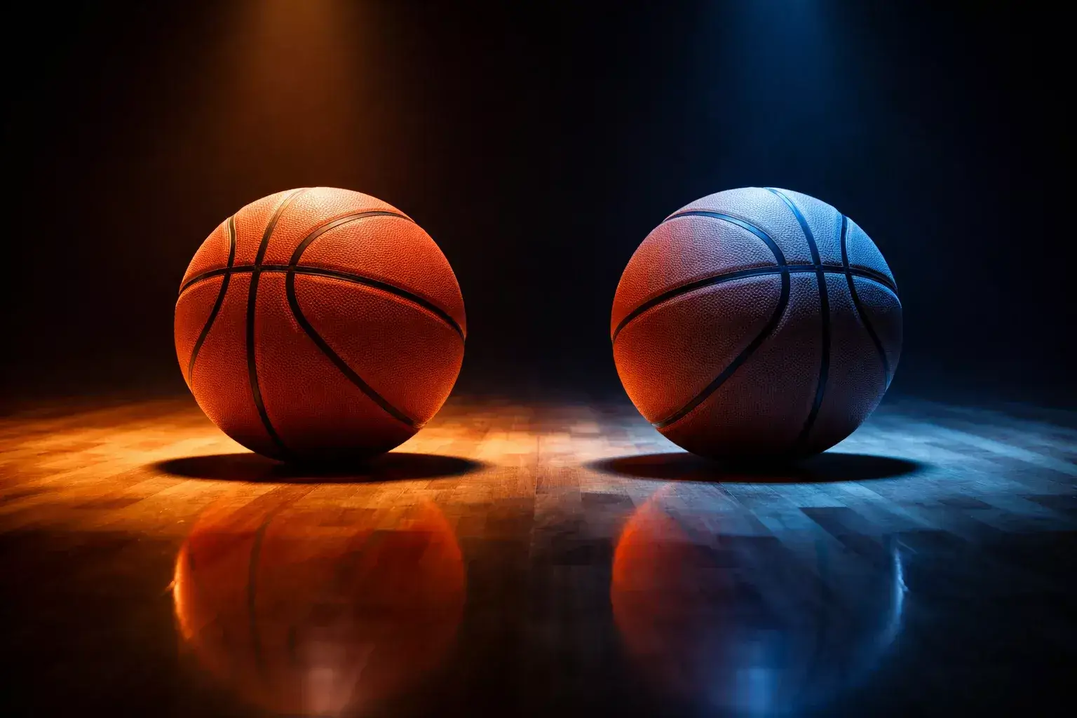 Due palloni da basket affiancati su un parquet con luci contrastanti