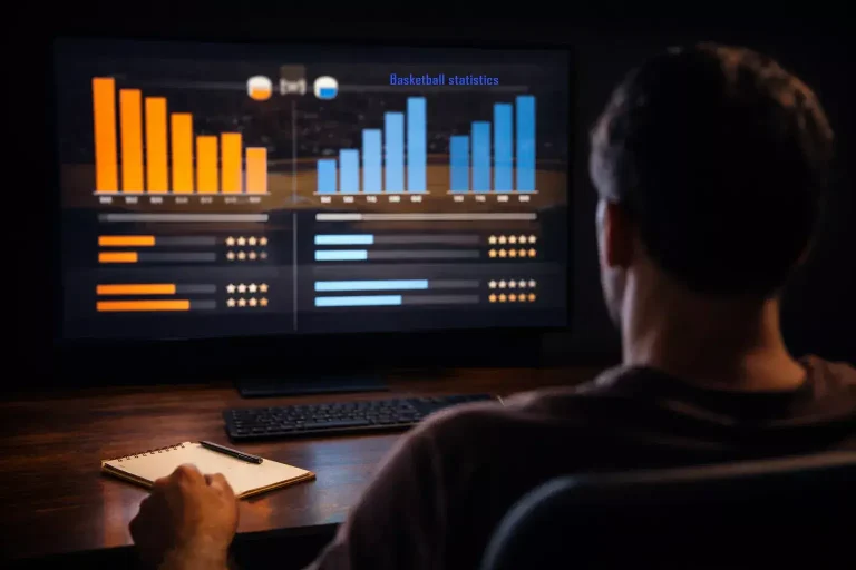 Analista sportivo che confronta statistiche di basket su un grande schermo