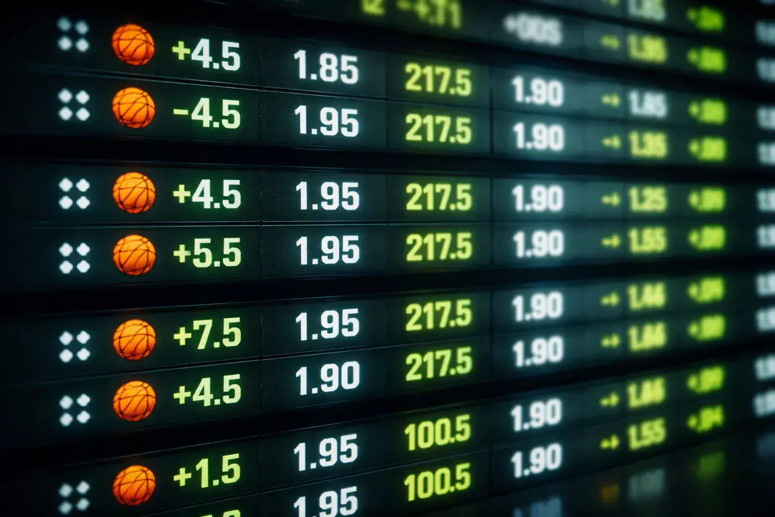 Primo piano di un tabellone quote su schermo con partite di basket in evidenza