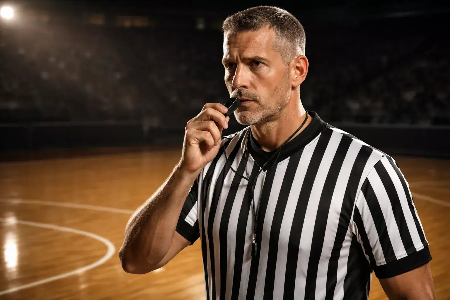 Arbitro di basket con fischietto in mano durante una partita su un parquet lucido