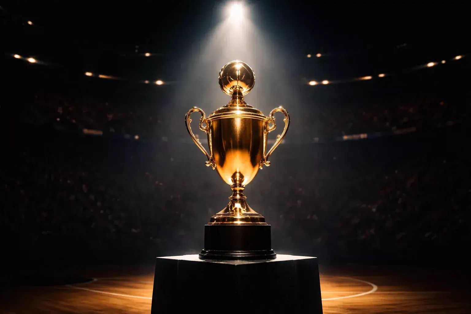 Trofeo di campionato di basket illuminato su un piedistallo in un'arena vuota
