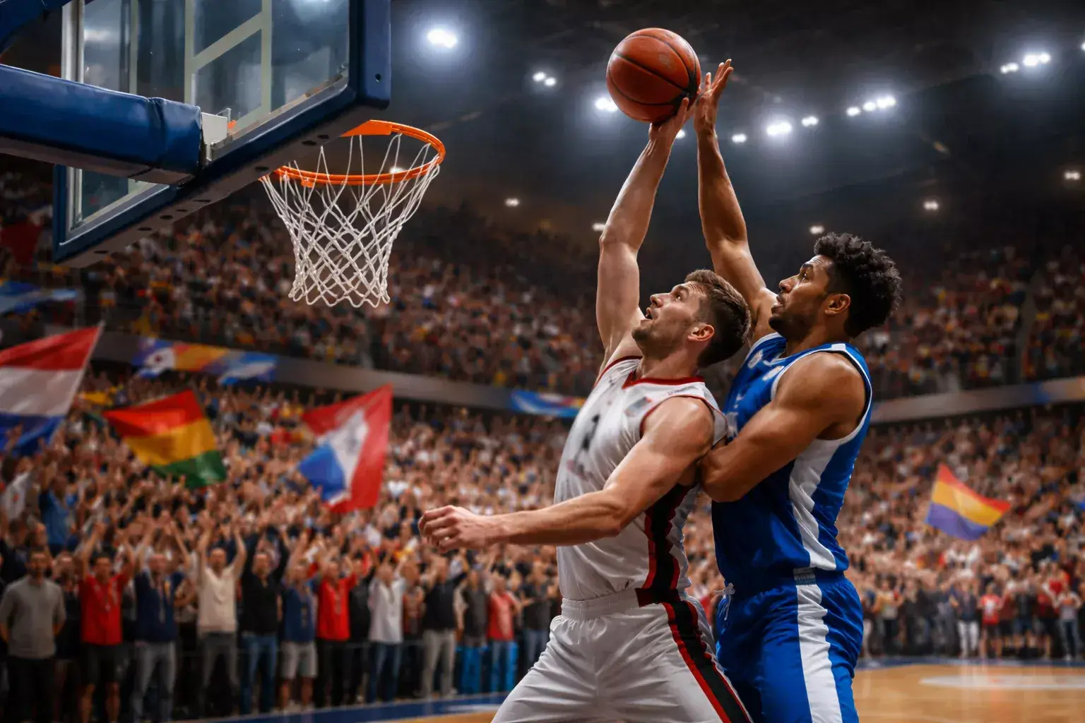 Partita di basket in un palazzetto europeo con tifosi appassionati e giocatori in azione sotto canestro