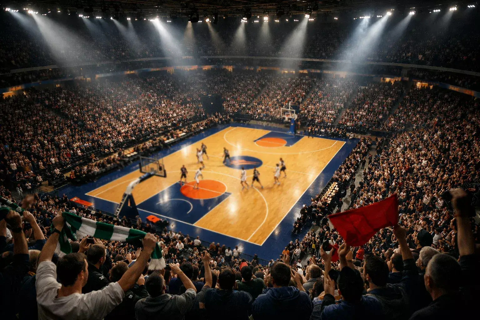 Arena di basket europea gremita di tifosi durante una partita di Eurolega