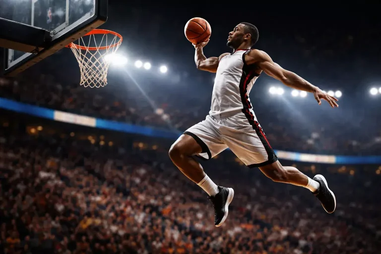 Giocatore NBA in azione a canestro durante una partita sotto i riflettori