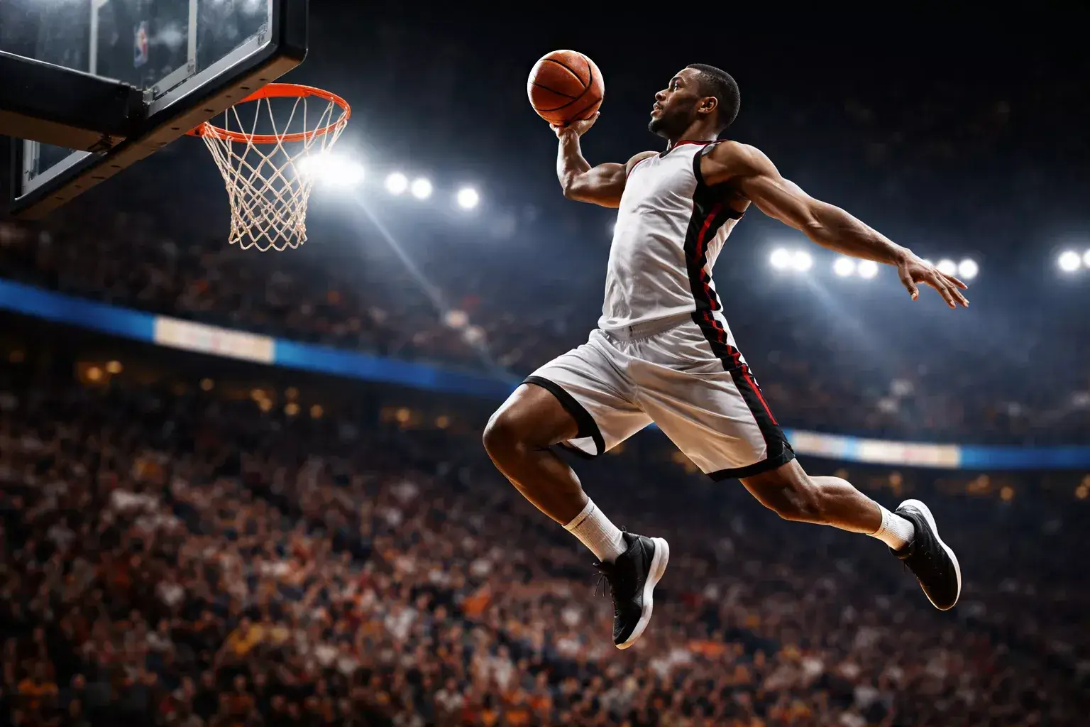 Giocatore NBA in azione a canestro durante una partita sotto i riflettori