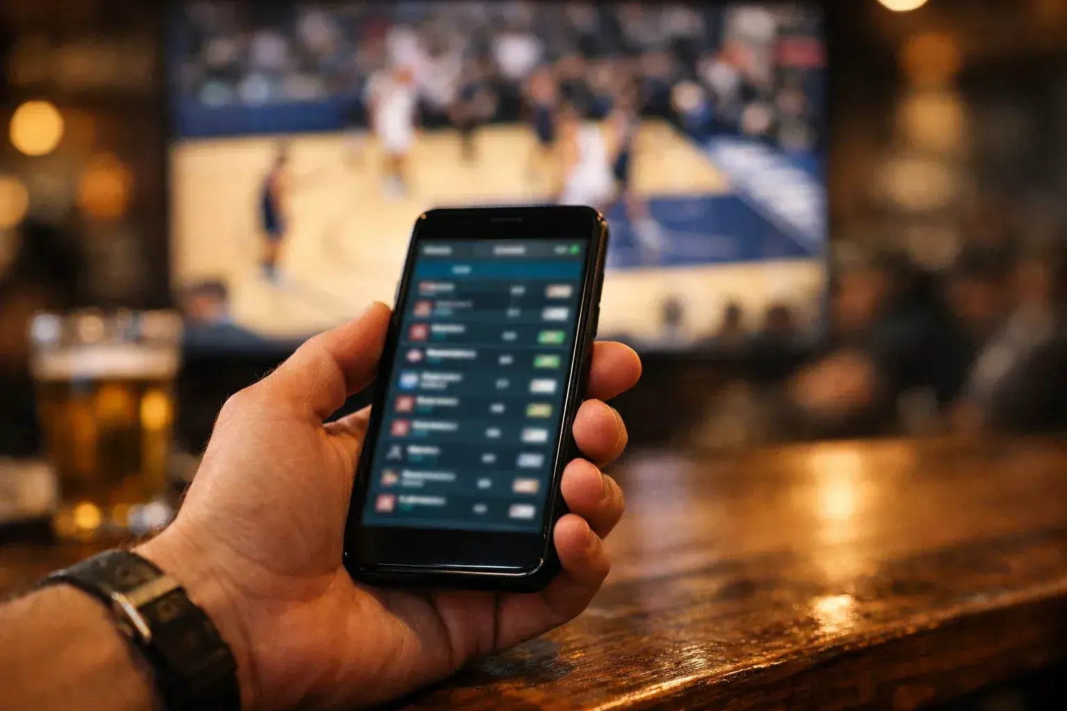 Mano che tiene uno smartphone con una schedina di scommesse multiple su partite di basket in un ambiente sportivo