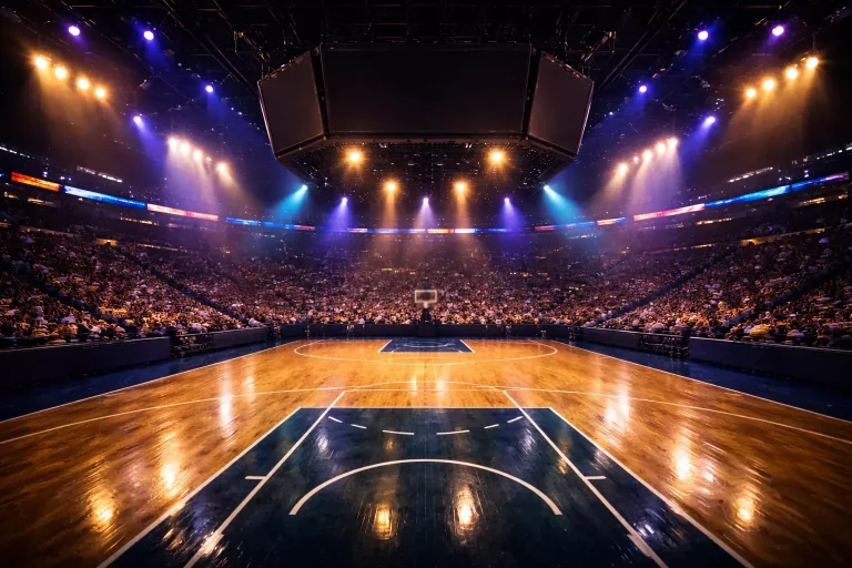 Arena NBA illuminata durante l'All-Star Weekend con giocatori che si riscaldano sul parquet