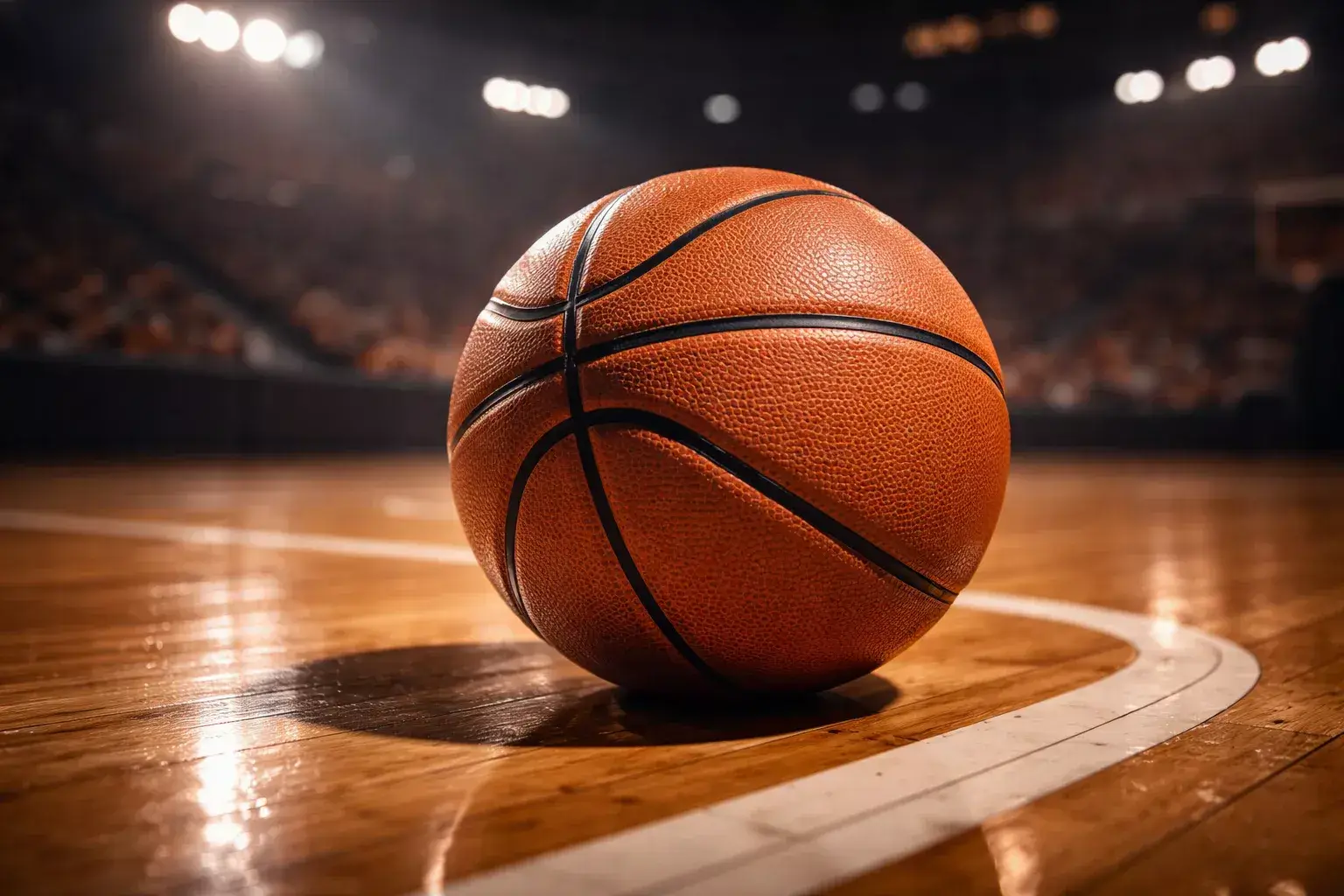 Pallone da basket NBA su un parquet illuminato durante una partita notturna