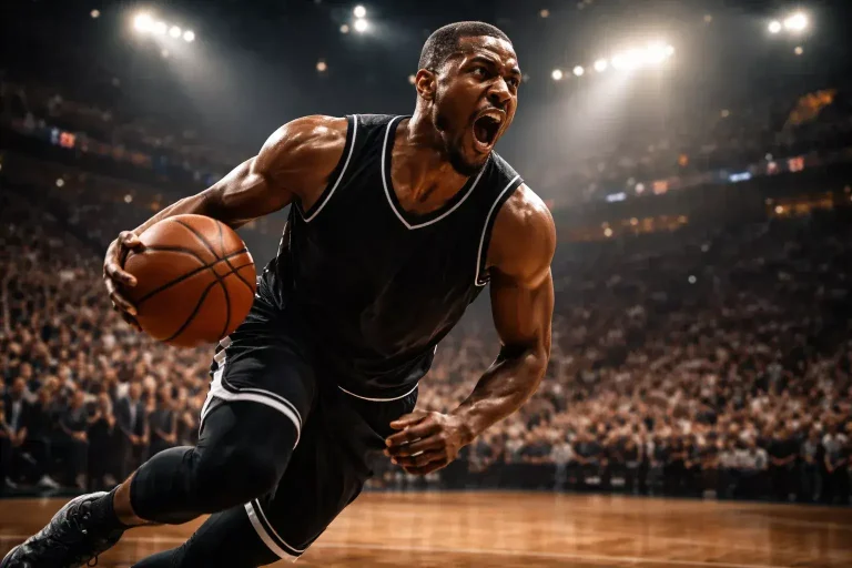 Giocatore di basket NBA in azione durante una partita di playoff sotto i riflettori dell'arena