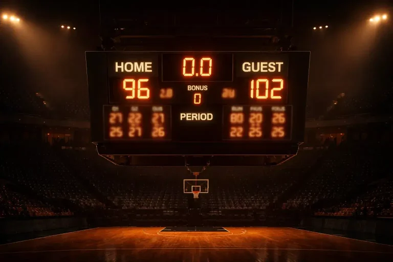 Tabellone segnapunti di una partita di basket illuminato che mostra il punteggio per quarti in un palazzetto