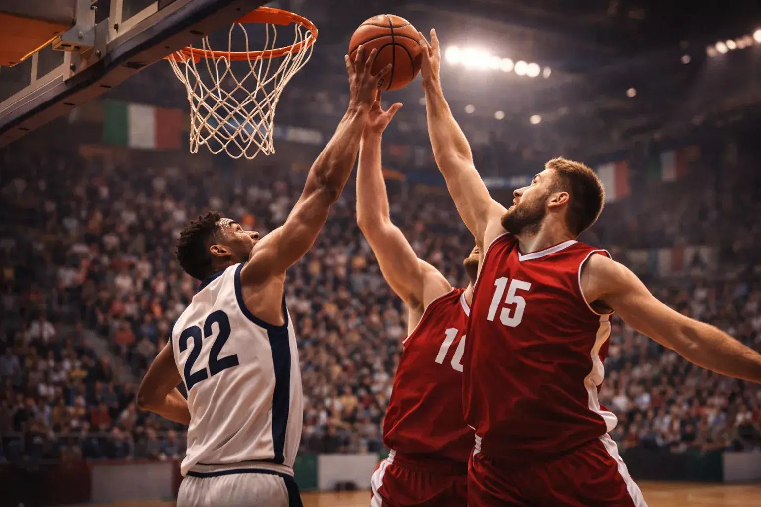 Giocatori di basket in azione durante una partita di Serie A italiana al palazzetto