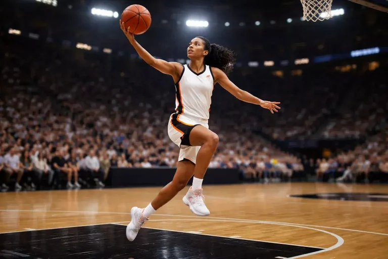Giocatrice di basket WNBA in azione durante una partita su campo indoor con luci dell'arena