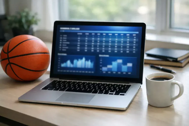 Schermo di un laptop che mostra statistiche di una partita di basket con un pallone da basket accanto sulla scrivania