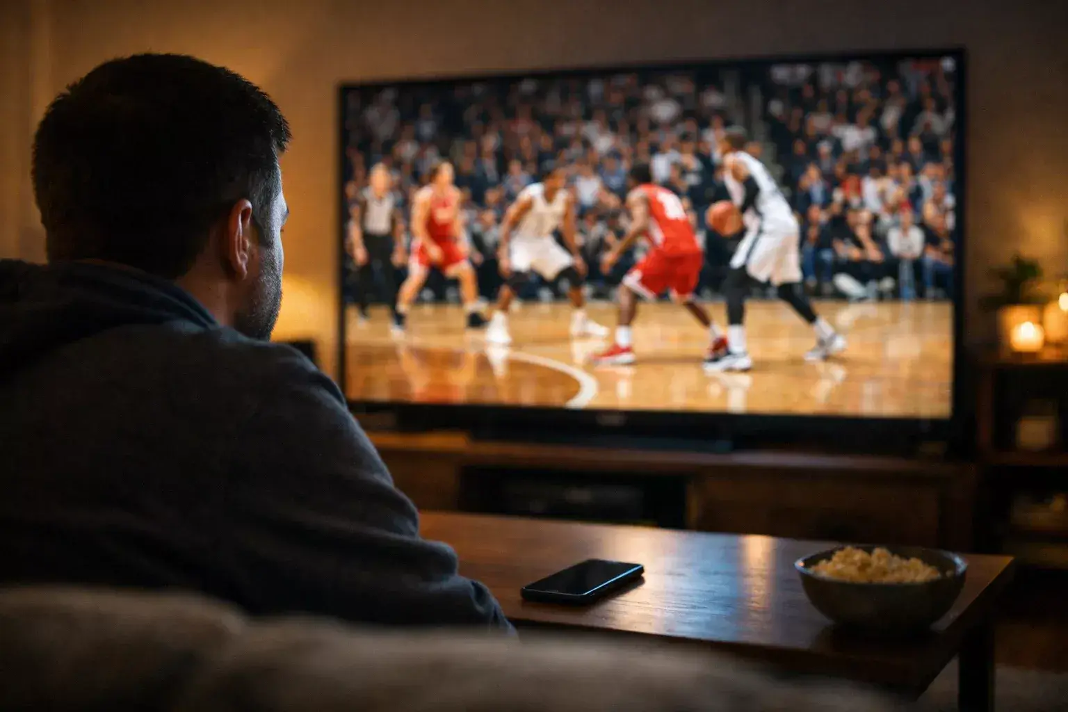 Tifoso che guarda una partita di basket in diretta streaming su uno schermo in una stanza con luce ambientale